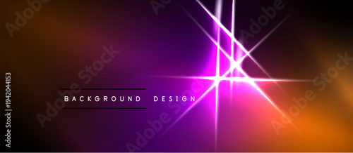 Vibrant purple, orange gradient. Bright light streaks intersect center. Text reads background design. Modern abstract visual.