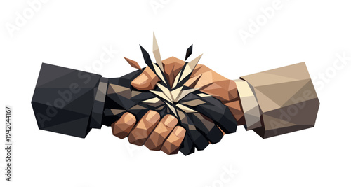 Tense Handshake Vector. Low-poly vector illustration of a business handshake at peak tension mid-grip, hands locked with visible