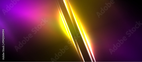 Abstract background features vibrant purple, gold gradients. Diagonal light streaks create dynamic energy, modern aesthetic.