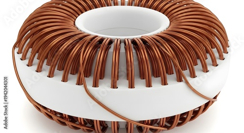 Detailed view of toroid inductor with extensive copper wire windings on white base