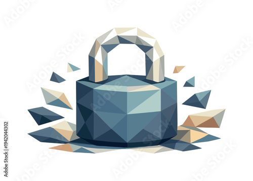 Low-poly vector illustration of a securely closed lock in its future state, padlock fully sealed and stable with refined faceted