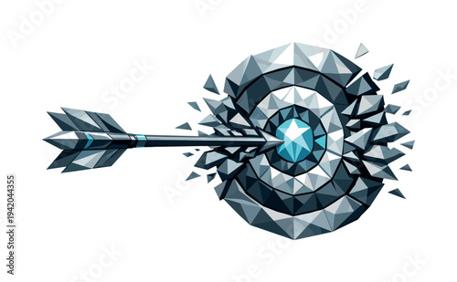 Precision Arrow Impact. Low-poly vector illustration of an arrow moments before piercing the center, faceted arrow aligned