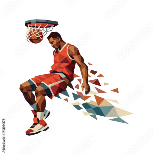 Low-poly vector illustration of a basketball player hanging briefly after the dunk and dropping down, confident angular posture