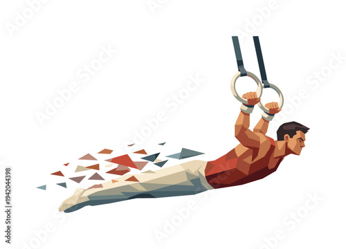 Geometric Gymnastic Grace. Low-poly vector illustration of a gymnast completing the ring swing and transitioning forward,