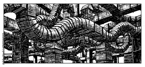 Detailed hand drawn industrial pipe network and ventilation system in steampunk style