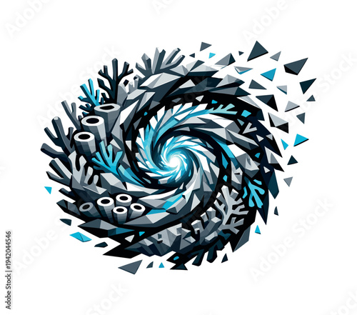 Low-poly vector illustration of a coral reef swirl breakthrough moment, reef rotation snapping into a clear powerful spiral with