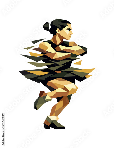 Low-poly vector illustration of a dancer mid-spin under maximum tension, compact angular silhouette with arms pulled close and