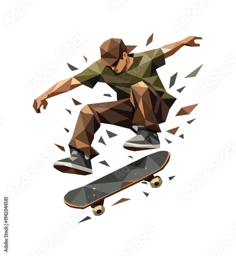 Low-poly vector illustration of a skateboarder frozen mid-kickflip, full-body skater with sharply faceted anatomy and angular