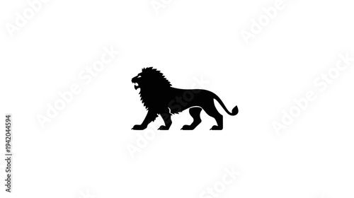 A silhouette of a roaring, walking lion against a white backdrop, demonstrating strength and majesty