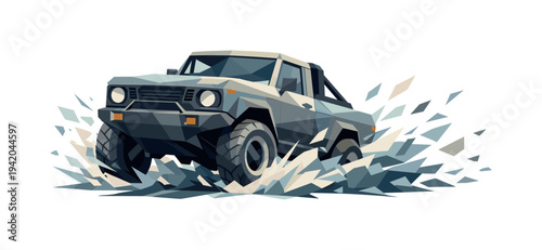 Low-poly vector illustration of an off-road truck powering forward after the splash, stabilized angular posture with wheels