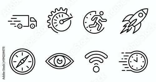 Speed, time, and performance icon set including truck delivery, stopwatch clock, running person, rocket launch, wifi signal, and eye monitoring symbols