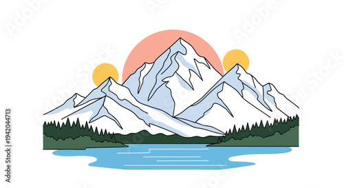 Stunning mountain landscape featuring snow capped peaks reflected in a calm lake with a lush pine forest and large sun.