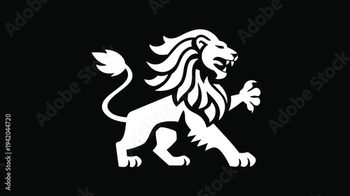 A regal lion, rendered in white, strides against a black background. Its mane flows, and claws are out