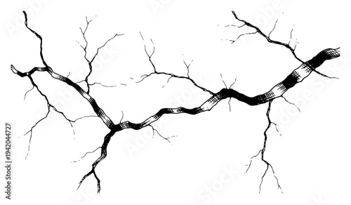 Hand drawn ink sketch of a large surface crack or lightning fissure