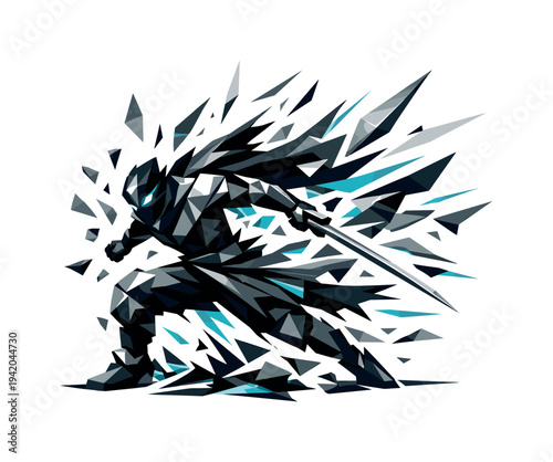 Low-poly vector illustration of a warrior breaking out of the teleport flash step, bold angular silhouette snapping back into