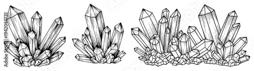 Set of hand drawn crystal clusters and mineral quartz gems in engraving style