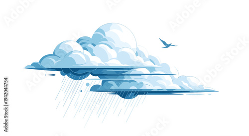 Artistic depiction of blue storm clouds with falling rain drops and a single bird flying in the clear sky above them.