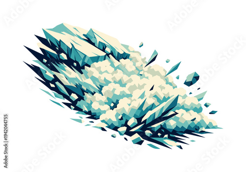 Low-poly vector illustration of a snow avalanche roar escalating, massive angular snow slabs breaking loose and accelerating