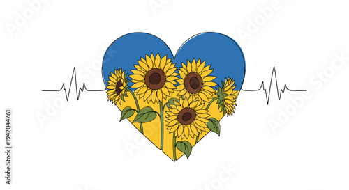 Heart colored in the blue and yellow of the Ukrainian flag featuring sunflowers and a pulse line for solidarity.