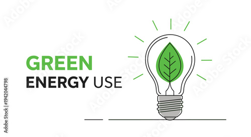 Conceptual illustration of green energy use featuring a leaf inside a glowing lightbulb in a clean line art style.