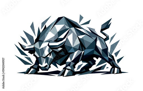 Low-poly vector illustration of a finance bull preparing to charge, tense crouched stance with hooves gripping the ground,