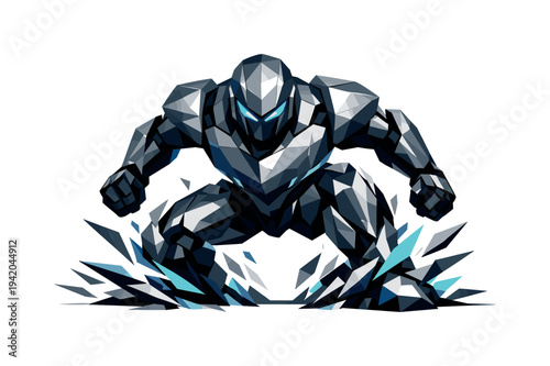 Low-poly vector illustration of a robot preparing to charge into a run, wide angular stance with knees bent and mechanical joints