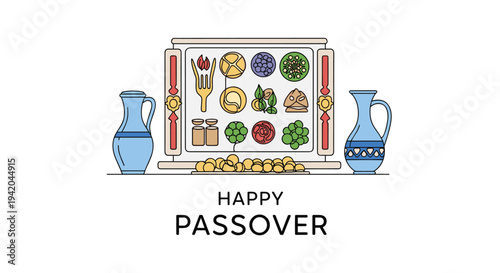Passover Seder plate arrangement featuring symbolic food items and blue wine pitchers for the Jewish holiday celebration.
