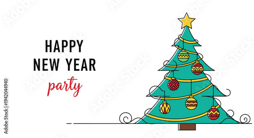 Festive Christmas tree adorned with colorful ornaments and a gold star for a Happy New Year party invitation.