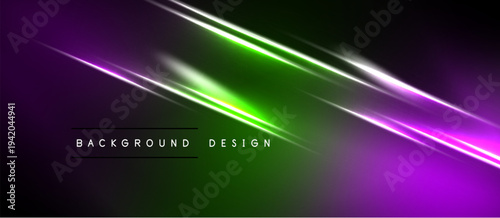 Abstract background features vibrant purple, green gradients. Diagonal light streaks create dynamic visual effect. Dark areas frame bright central design.