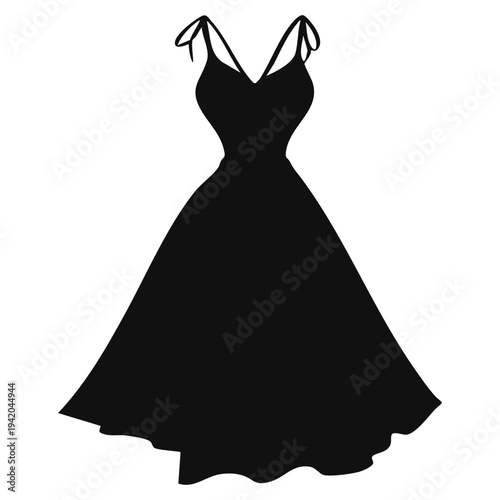 A black dress with thin straps and a flared skirt is displayed. black silhouette design highlights a simple style suitable for various occasions. The focus is on the dress outline and shape