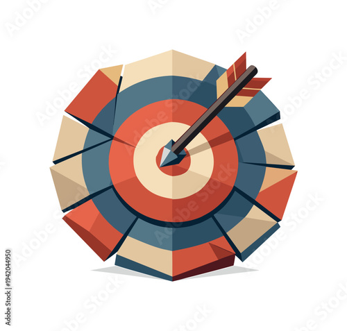 Empowered Precision. Low-poly vector illustration of the arrow after piercing the center in its future state, arrow fully embedded