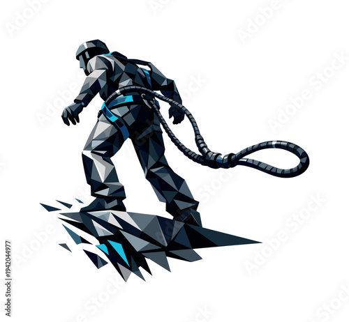 Futuristic Bungee Jump. Low-poly vector illustration of a bungee jumper preparing to leap, standing at the edge with angular