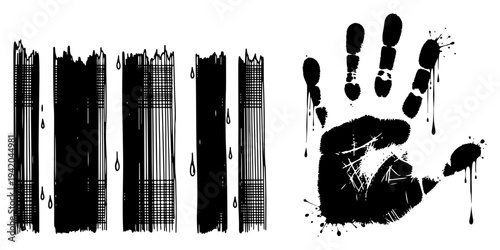 Gritty handprint silhouette with distressed vertical bars and splatter elements