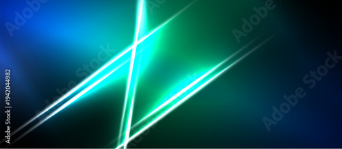 Abstract background features vibrant blue, green lines. Diagonal streaks create dynamic visual effect. Dark areas contrast bright illumination.