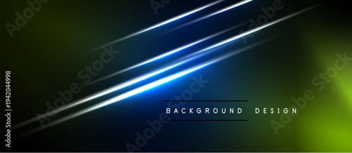 Dark abstract background features bright diagonal lines. Gradient blends blue, green, black creating modern visual effect. Text reads background design.