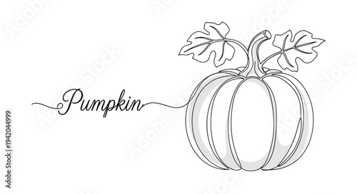 Large ripe pumpkin with leaves is depicted in a simple and clean continuous line art illustration with the word pumpkin.