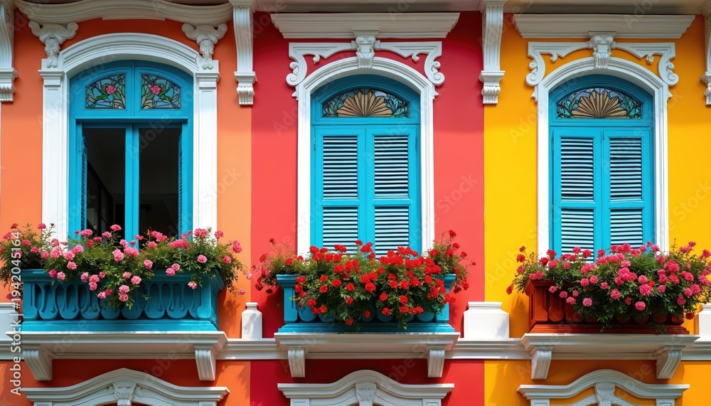 Obraz premium Colorful Peranakan shophouses feature bright facades with ornate blue windows. Rich flower boxes overflow with pink and red blooms, adding vibrant beauty to the traditional buildings.