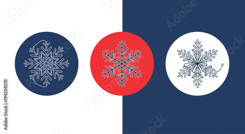 Trio of stylized winter snowflakes each enclosed in a circle with different background colors like navy, red, and white.