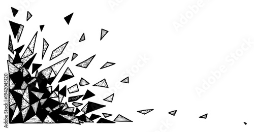 Hand drawn sketch of exploding geometric shards and sharp triangle fragments