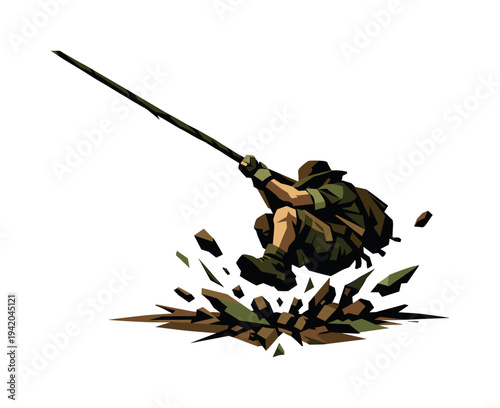 Low-poly vector illustration of a jungle vine swing under peak tension, figure at the lowest point of the arc with compressed