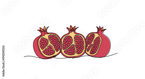 Group of three fresh red pomegranates with some cut open to reveal the seeds is drawn in a modern line art style.