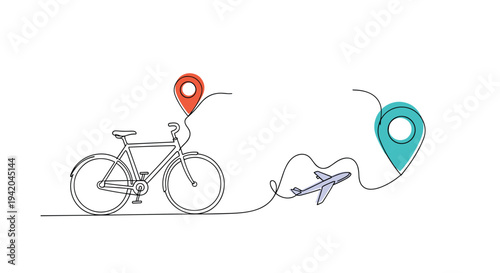 Conceptual illustration of travel options showing a bicycle and an airplane connected by paths with location pins.