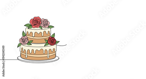 Elegant two tiered celebratory cake decorated with dripping white frosting and pink and red roses in line art.