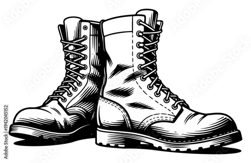 Hand drawn pair of heavy work boots or combat leather footwear