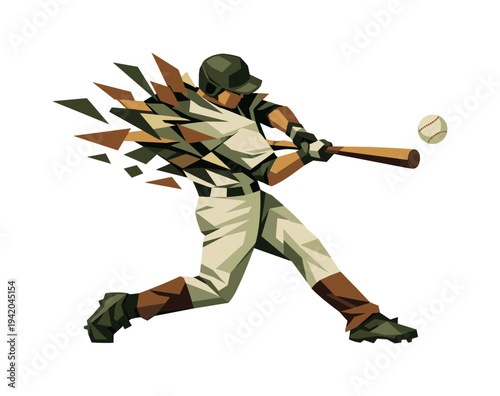 Low-poly vector illustration of a baseball batter mid-swing under maximum tension, extreme angular torso twist and powerful leg