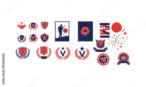 Remembrance day poppy flower and veteran soldier silhouette badges vector illustration set
