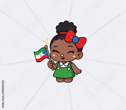 Cute African cartoon girl holding Equatorial Guinea flag.