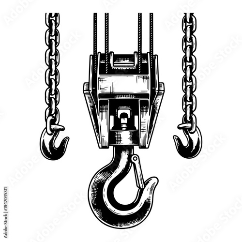 Large industrial crane hook with heavy metal chains in a classic black and white ink style
