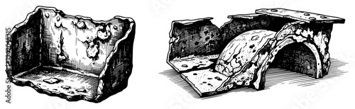 Vintage style hand drawn illustration of heavily rusted and damaged industrial metal components