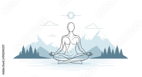 Peaceful scene of a person meditating in a lotus pose against a background of snowy mountains and pine forests.